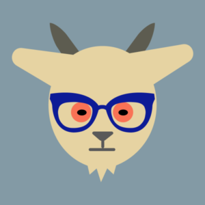 camel-colored goat with red eyes and blue glasses