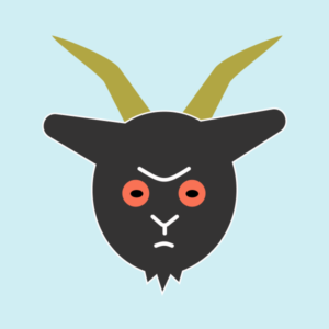 frowny black goat with red eyes