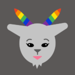 grey goat with eyelashes and rainbow horns